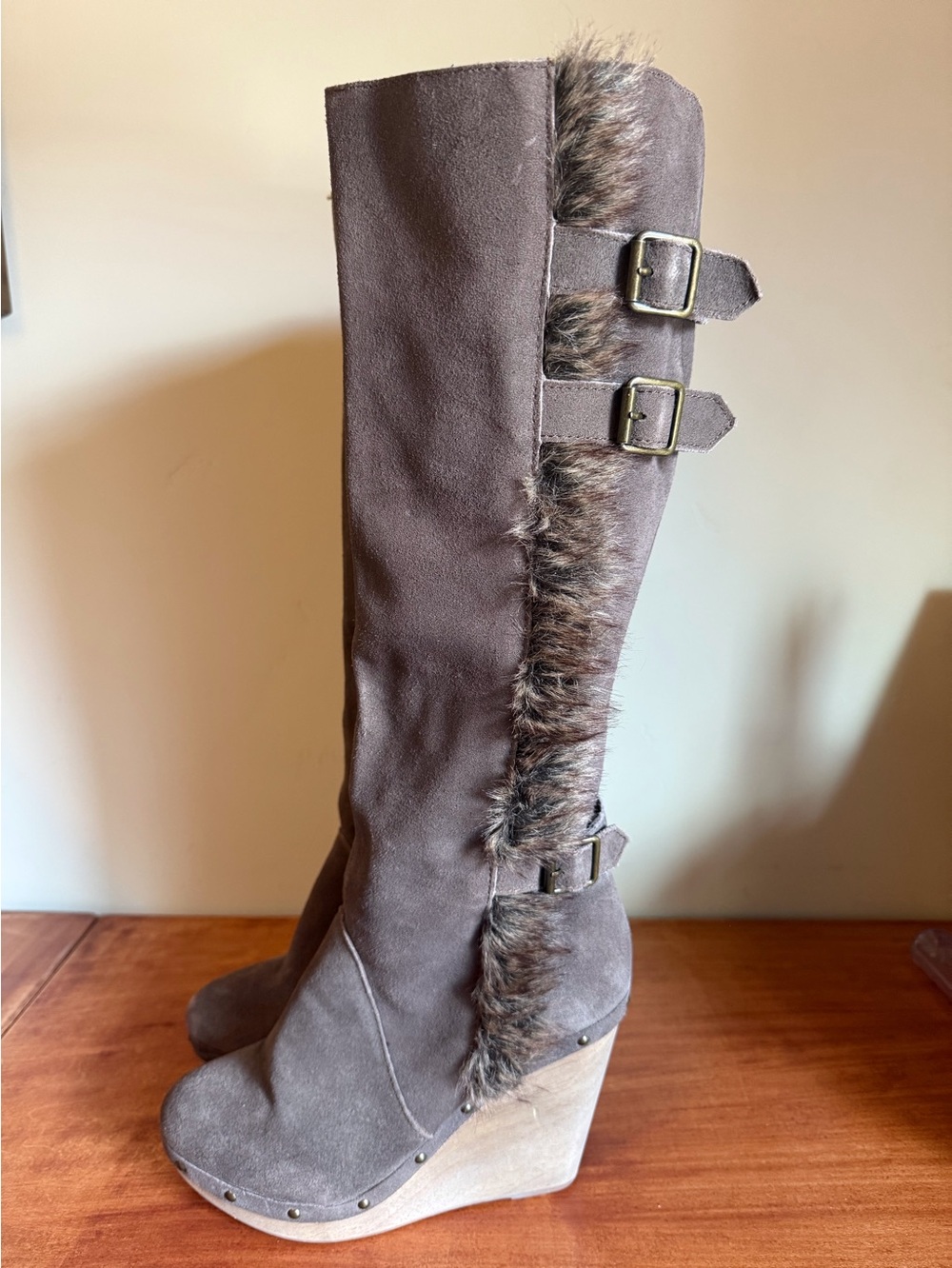 Naughty Monkey Suede/Faux-Fur Tall Wedge Boots
